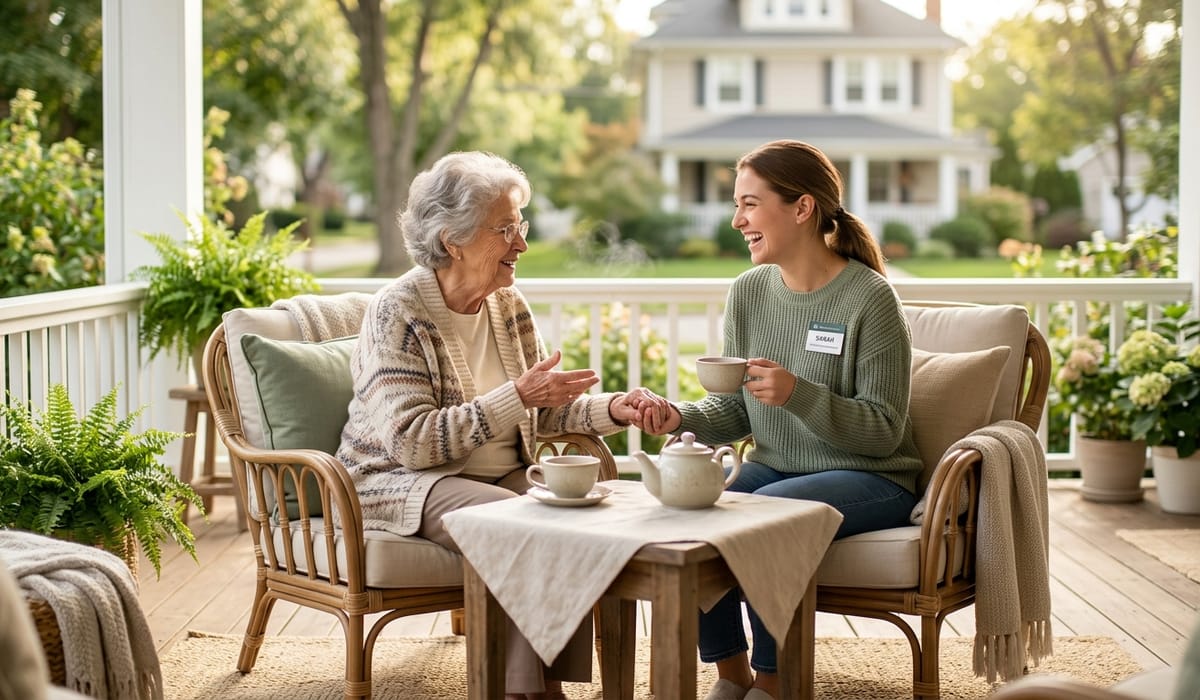 Caring companion sitting with an elderly woman sharing tea on a sunny porch