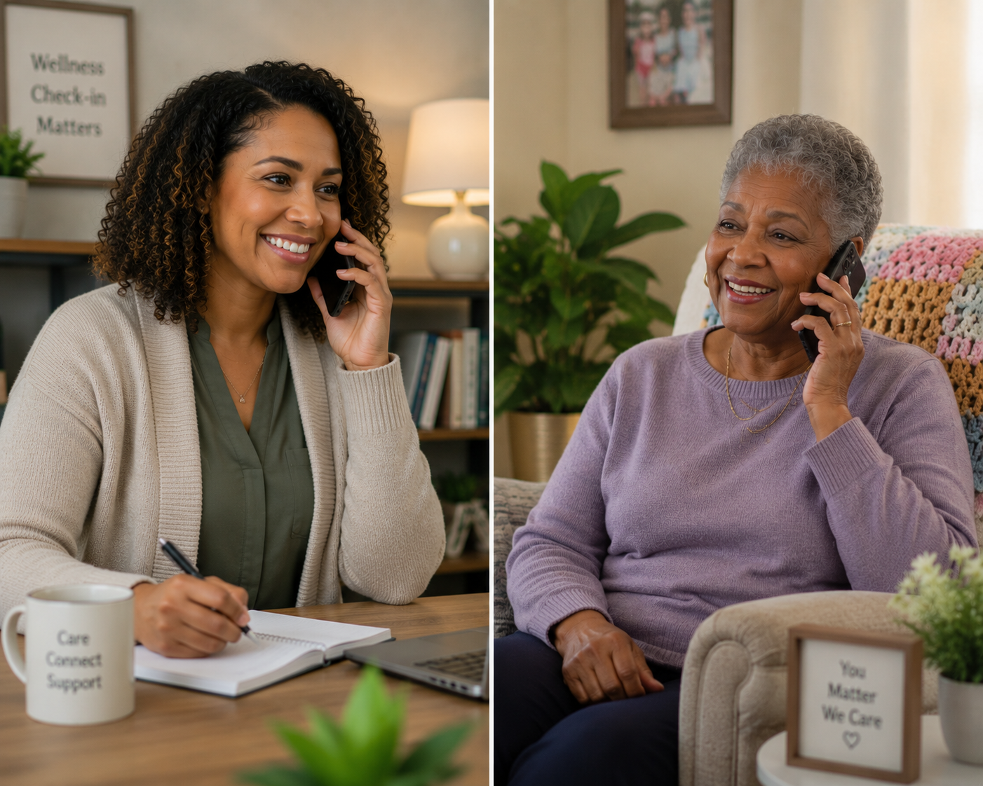 Caregiver on the phone taking notes and a senior woman talking on the phone at home — Wellness Check-In